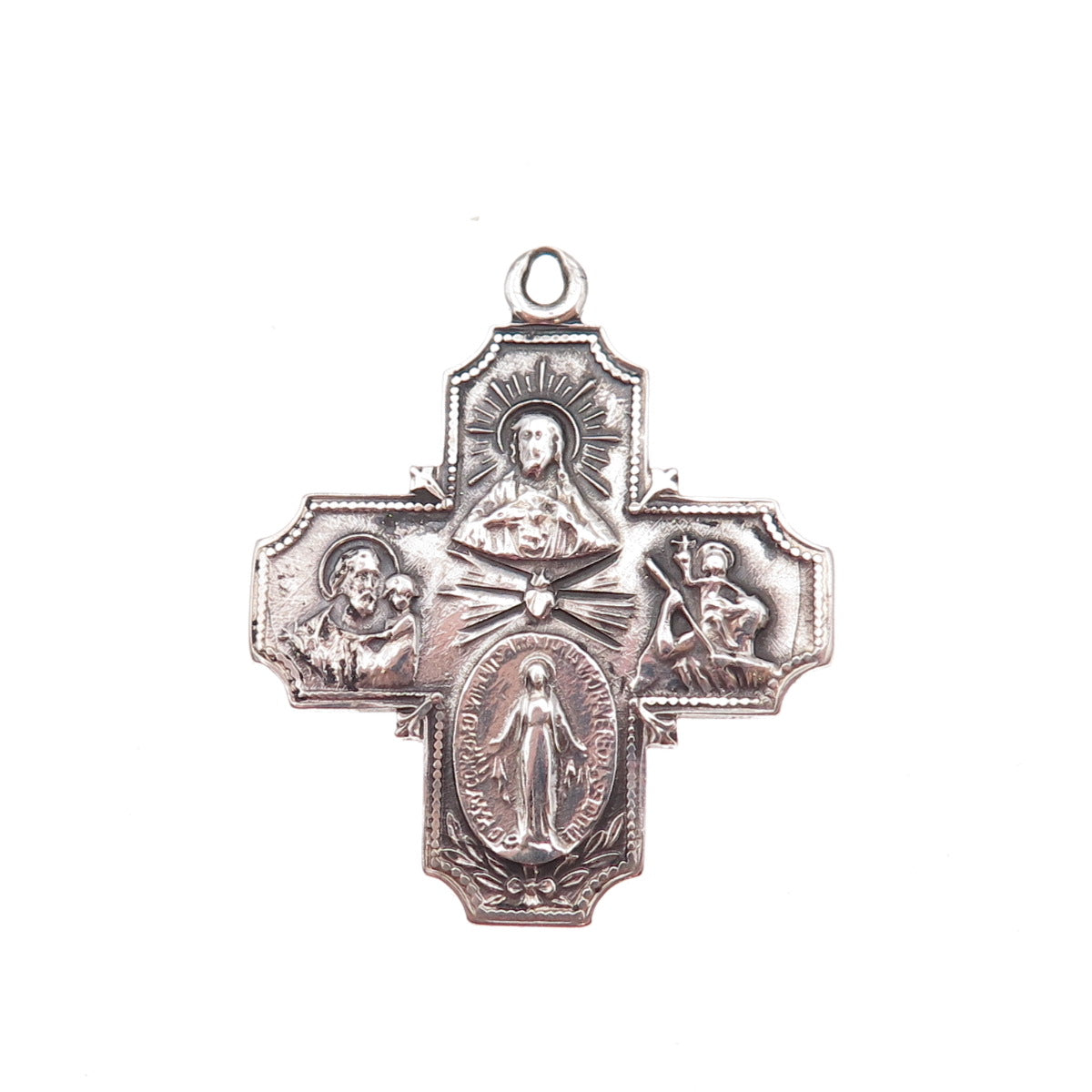 925 Sterling Silver Antique Art Deco St. Christopher & St. Joseph Cross Pendant