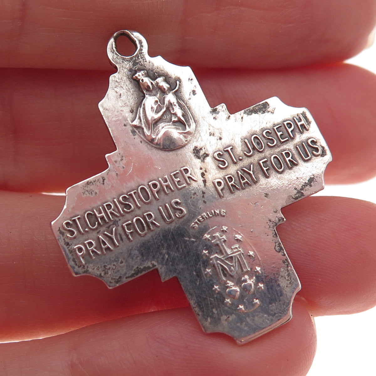 925 Sterling Silver Antique Art Deco St. Christopher & St. Joseph Cross Pendant