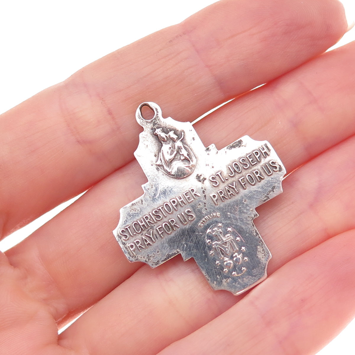 925 Sterling Silver Antique Art Deco St. Christopher & St. Joseph Cross Pendant