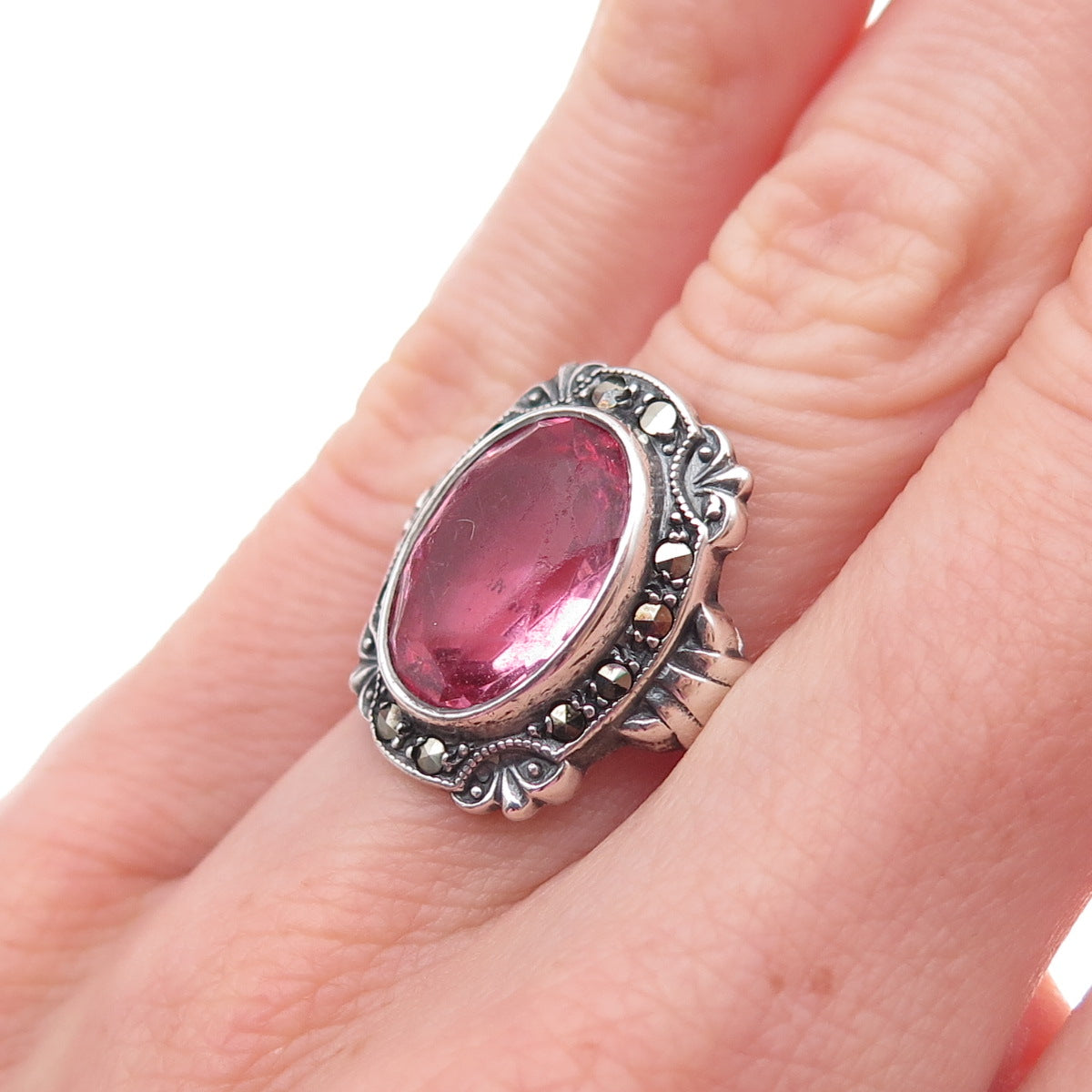 Uncas 925 Sterling Antique Art Deco Real Marcasite & Rhinestone Ring Size 5.75