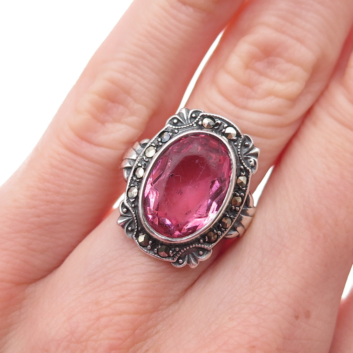 Uncas 925 Sterling Antique Art Deco Real Marcasite & Rhinestone Ring Size 5.75