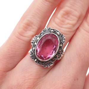 Uncas 925 Sterling Antique Art Deco Real Marcasite & Rhinestone Ring Size 5.75