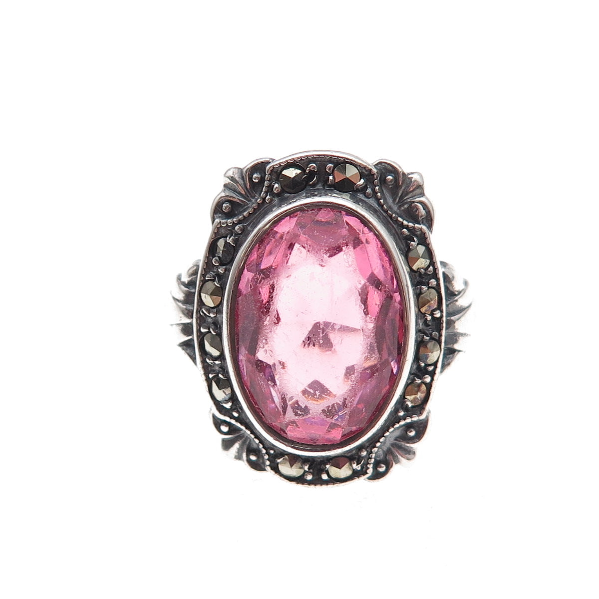 Uncas 925 Sterling Antique Art Deco Real Marcasite & Rhinestone Ring Size 5.75