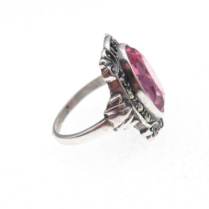 Uncas 925 Sterling Antique Art Deco Real Marcasite & Rhinestone Ring Size 5.75