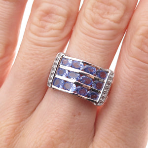 925 Sterling Silver Real Tanzanite & White Topaz Cluster Ring Size 8.25