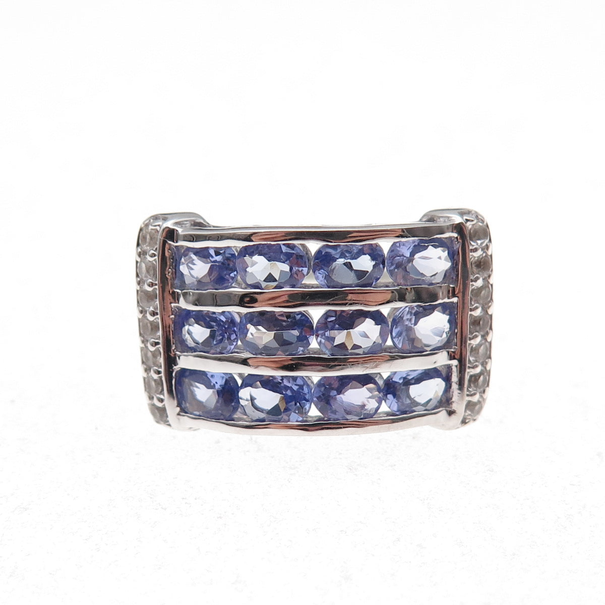 925 Sterling Silver Real Tanzanite & White Topaz Cluster Ring Size 8.25