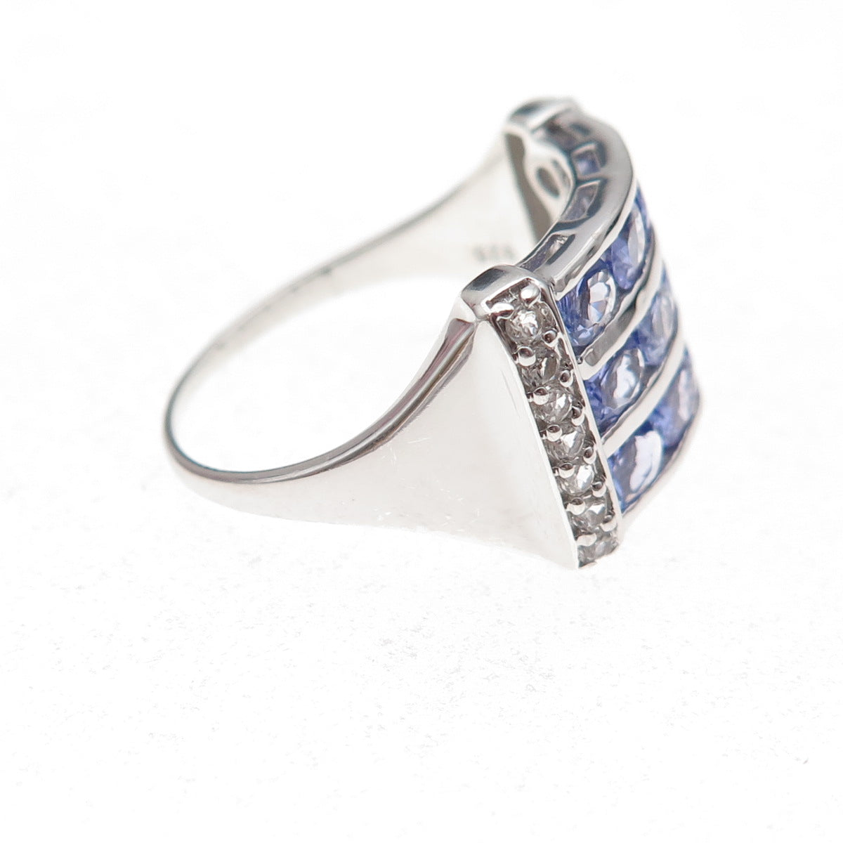 925 Sterling Silver Real Tanzanite & White Topaz Cluster Ring Size 8.25