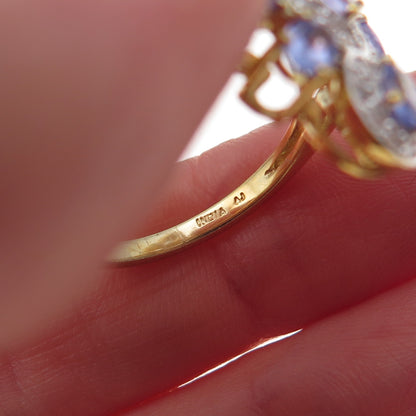925 Sterling Silver Gold Plated Real Tanzanite & White Topaz Ring Size 8