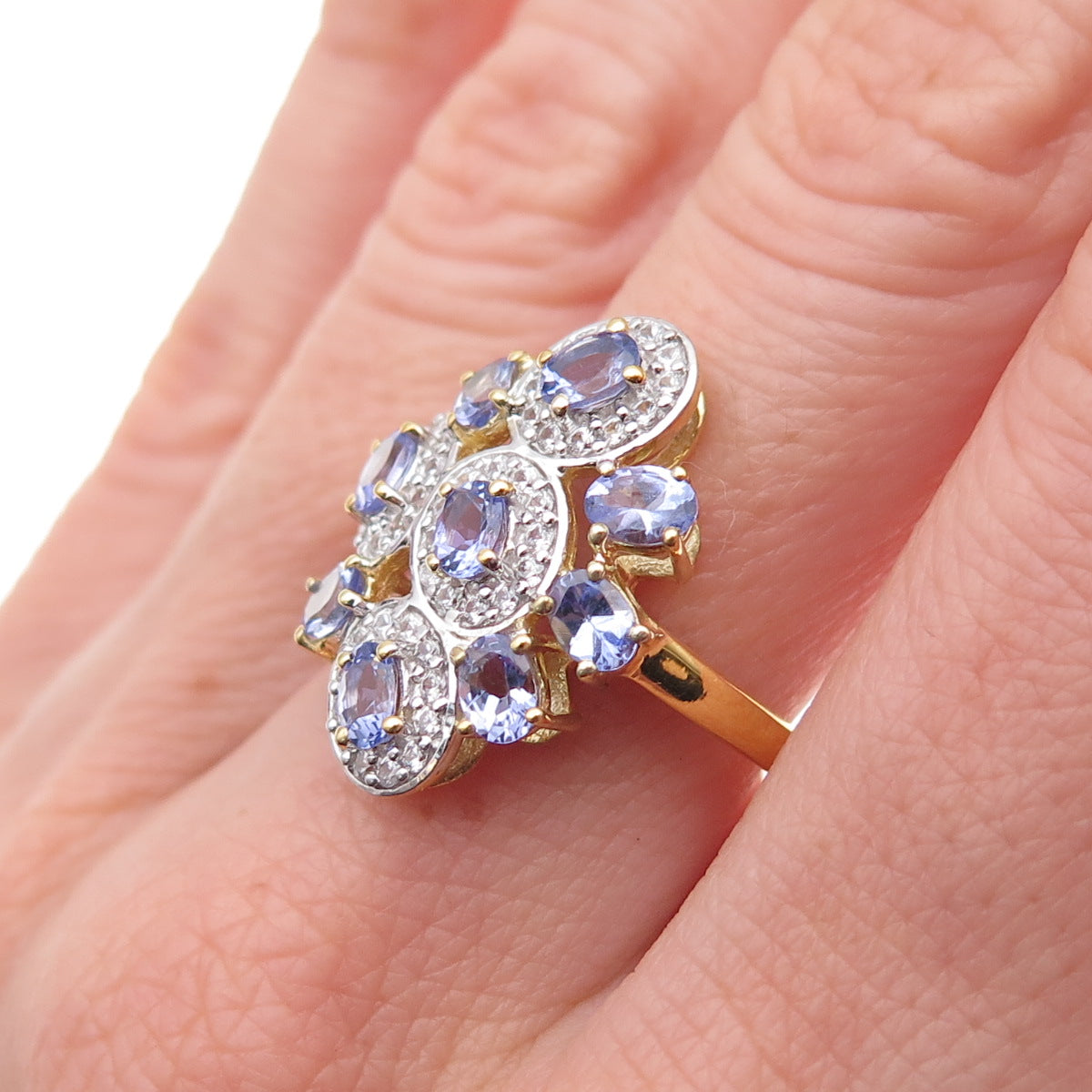 925 Sterling Silver Gold Plated Real Tanzanite & White Topaz Ring Size 8