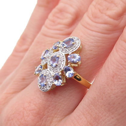 925 Sterling Silver Gold Plated Real Tanzanite & White Topaz Ring Size 8