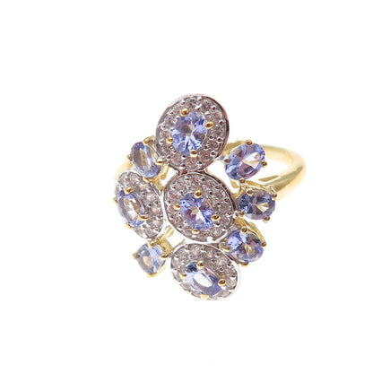 925 Sterling Silver Gold Plated Real Tanzanite & White Topaz Ring Size 8