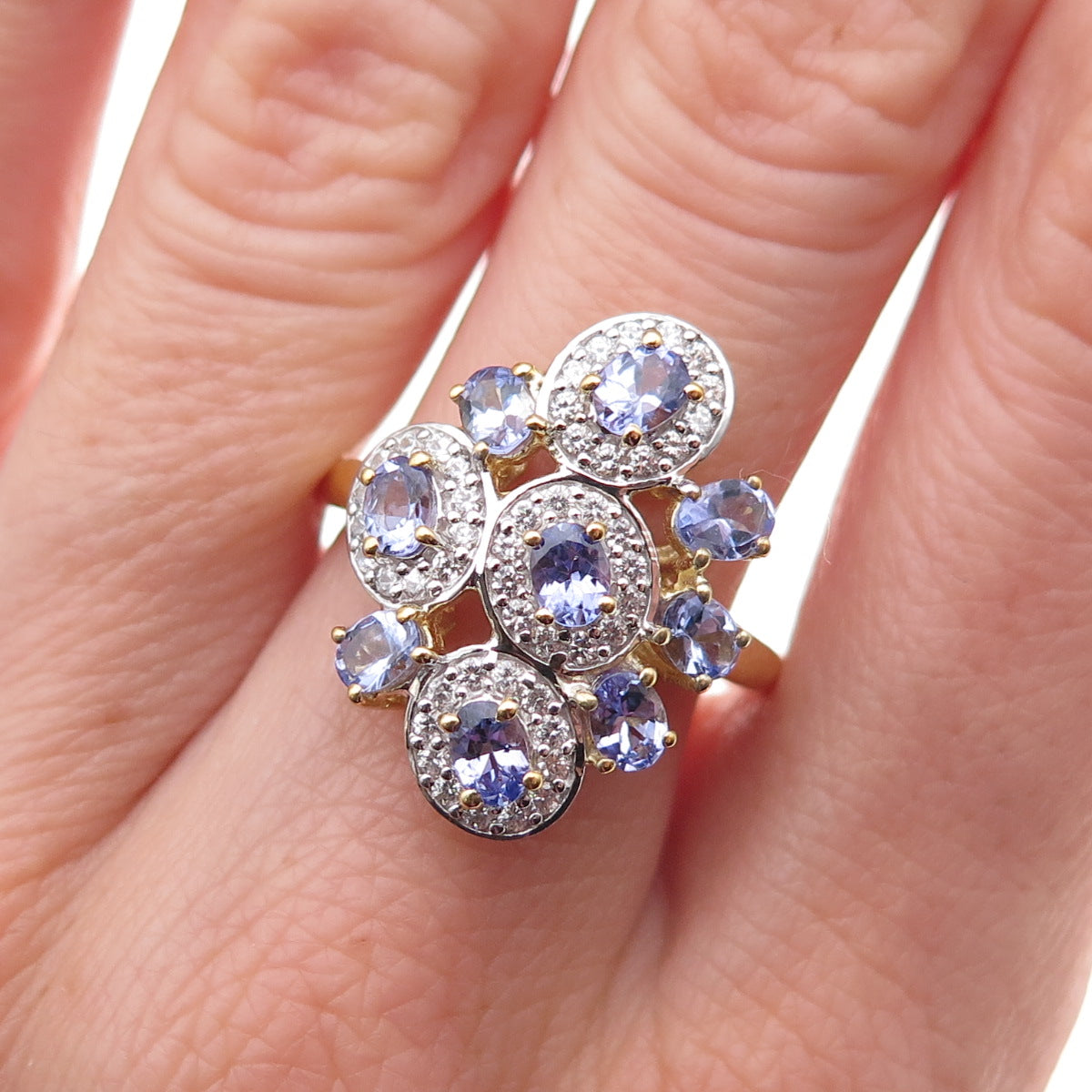 925 Sterling Silver Gold Plated Real Tanzanite & White Topaz Ring Size 8