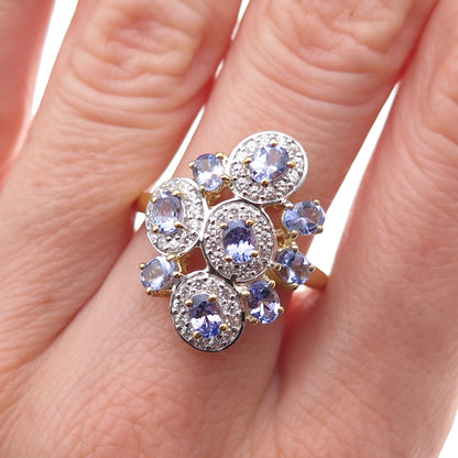 925 Sterling Silver Gold Plated Real Tanzanite & White Topaz Ring Size 8
