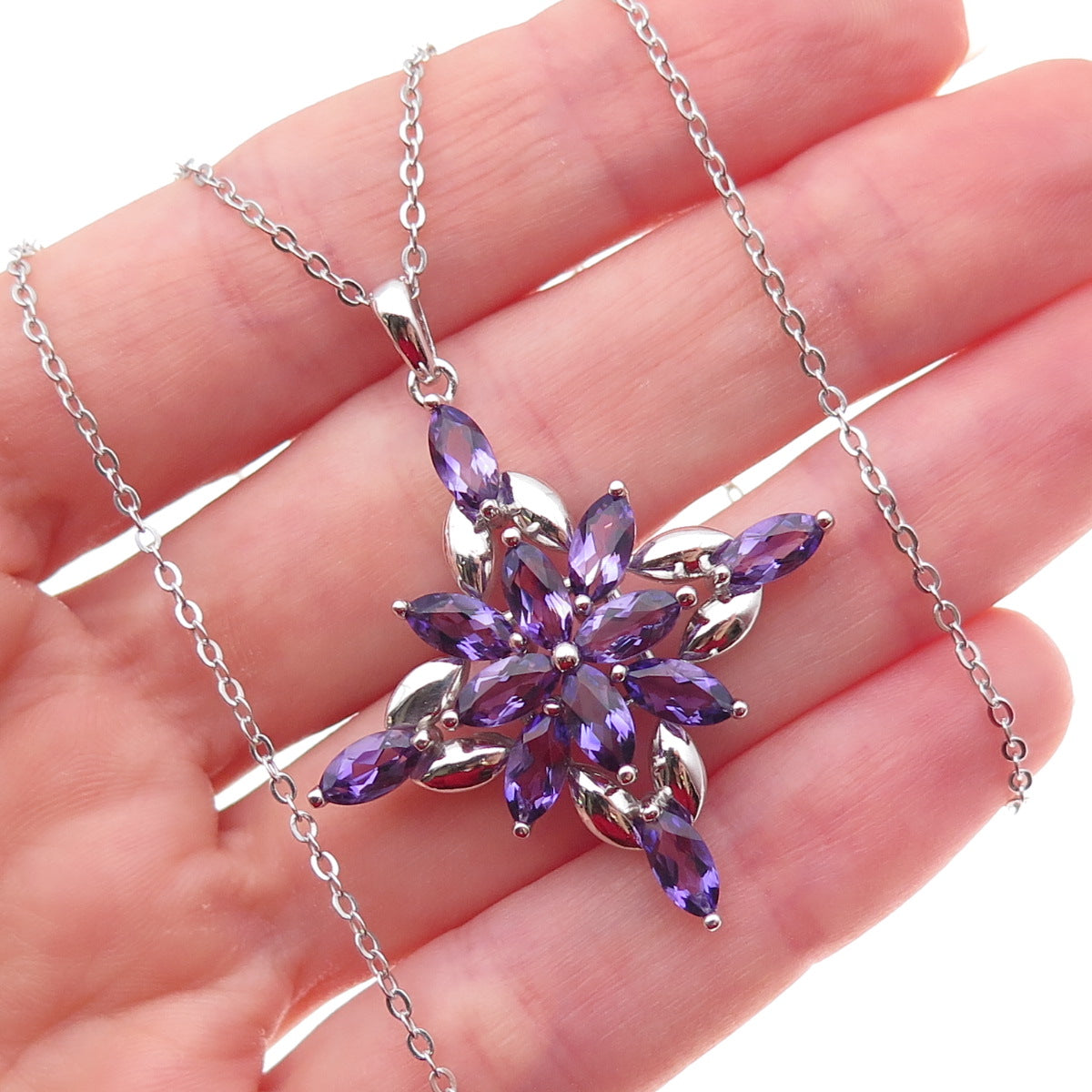 925 Sterling Silver Real Amethyst Floral Cable Chain Necklace 18"