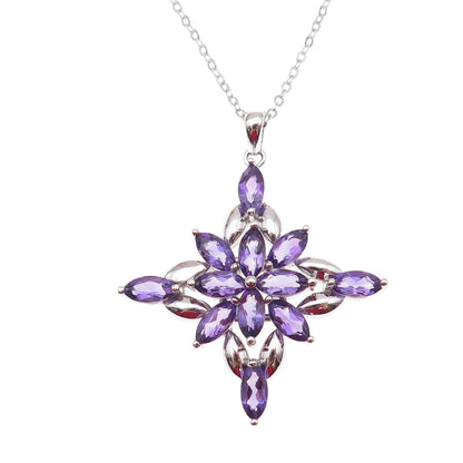 925 Sterling Silver Real Amethyst Floral Cable Chain Necklace 18"