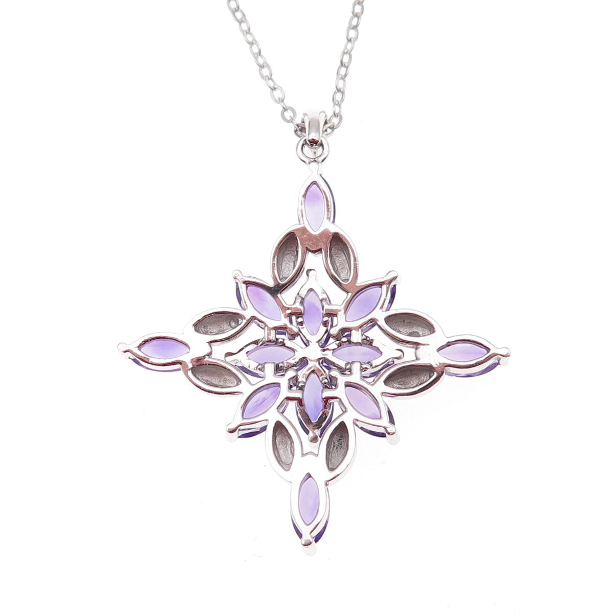925 Sterling Silver Real Amethyst Floral Cable Chain Necklace 18"