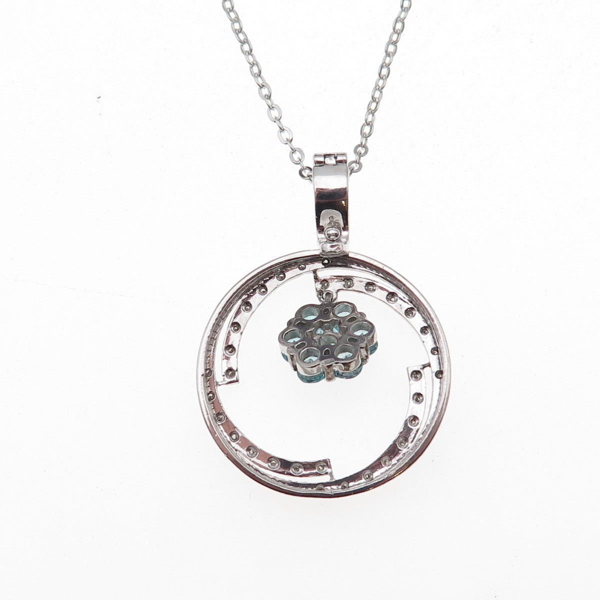 925 Sterling Silver Mexico Real Diamond & Aquamarine Floral Chain Necklace 18"