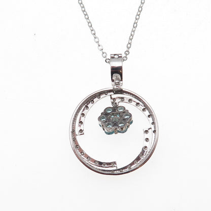 925 Sterling Silver Mexico Real Diamond & Aquamarine Floral Chain Necklace 18"