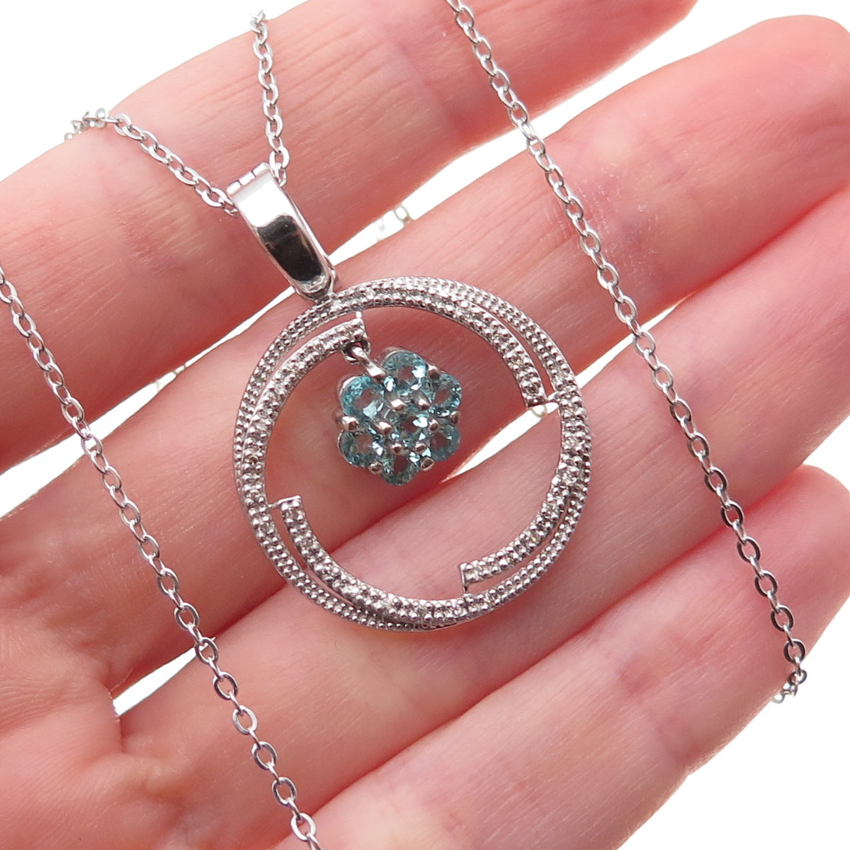 925 Sterling Silver Mexico Real Diamond & Aquamarine Floral Chain Necklace 18"