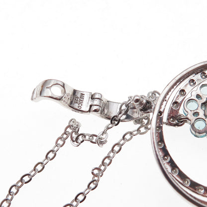 925 Sterling Silver Mexico Real Diamond & Aquamarine Floral Chain Necklace 18"