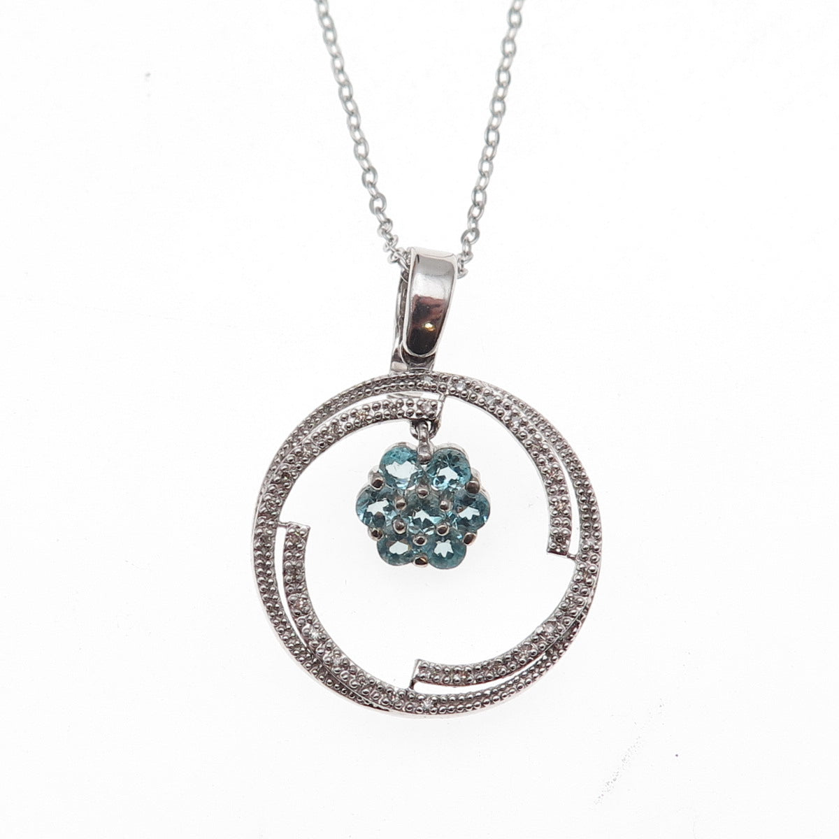 925 Sterling Silver Mexico Real Diamond & Aquamarine Floral Chain Necklace 18"