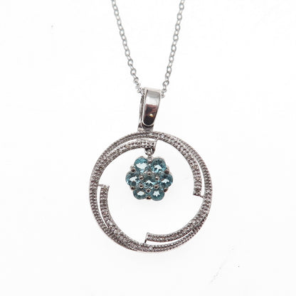 925 Sterling Silver Mexico Real Diamond & Aquamarine Floral Chain Necklace 18"