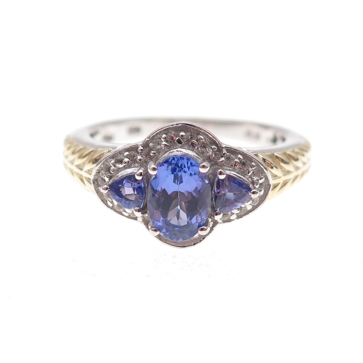 Chuck Clemency 925 Sterling 2-Tone Real Tanzanite & White Topaz Ring Size 8.25