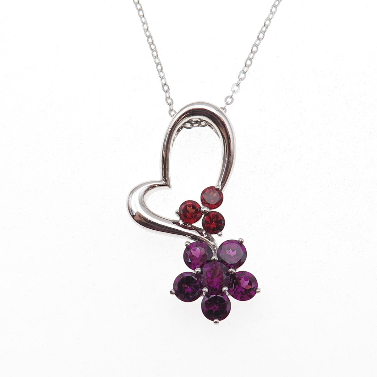 925 Sterling Mexico Real Amethyst & Garnet Heart Floral Cable Chain Necklace 18"
