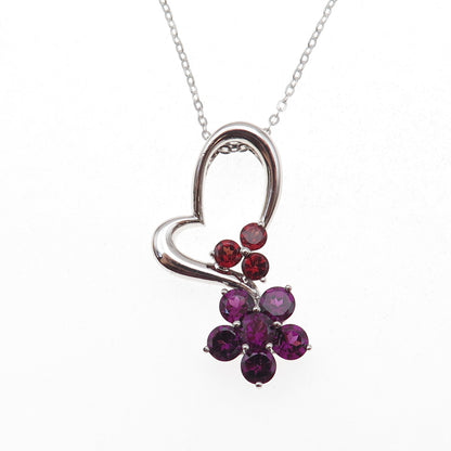 925 Sterling Mexico Real Amethyst & Garnet Heart Floral Cable Chain Necklace 18"