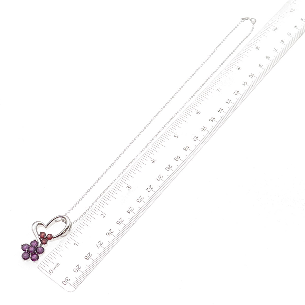 925 Sterling Mexico Real Amethyst & Garnet Heart Floral Cable Chain Necklace 18"