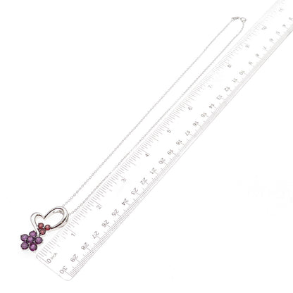 925 Sterling Mexico Real Amethyst & Garnet Heart Floral Cable Chain Necklace 18"