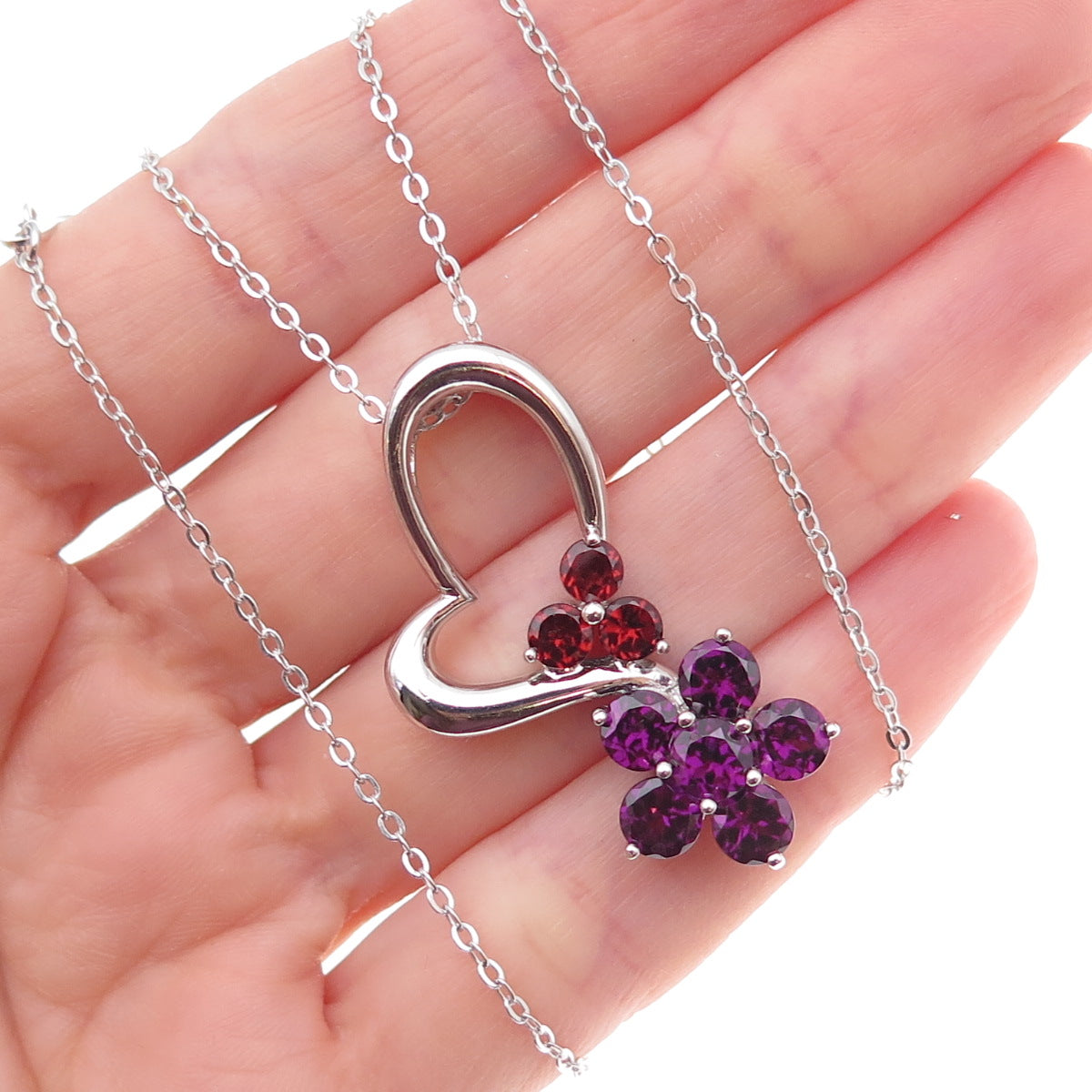 925 Sterling Mexico Real Amethyst & Garnet Heart Floral Cable Chain Necklace 18"