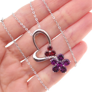 925 Sterling Mexico Real Amethyst & Garnet Heart Floral Cable Chain Necklace 18"