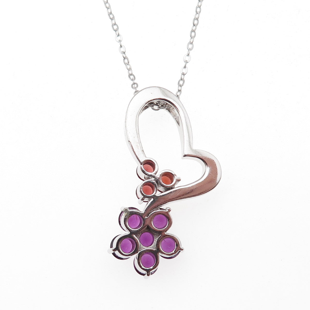 925 Sterling Mexico Real Amethyst & Garnet Heart Floral Cable Chain Necklace 18"