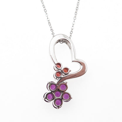 925 Sterling Mexico Real Amethyst & Garnet Heart Floral Cable Chain Necklace 18"