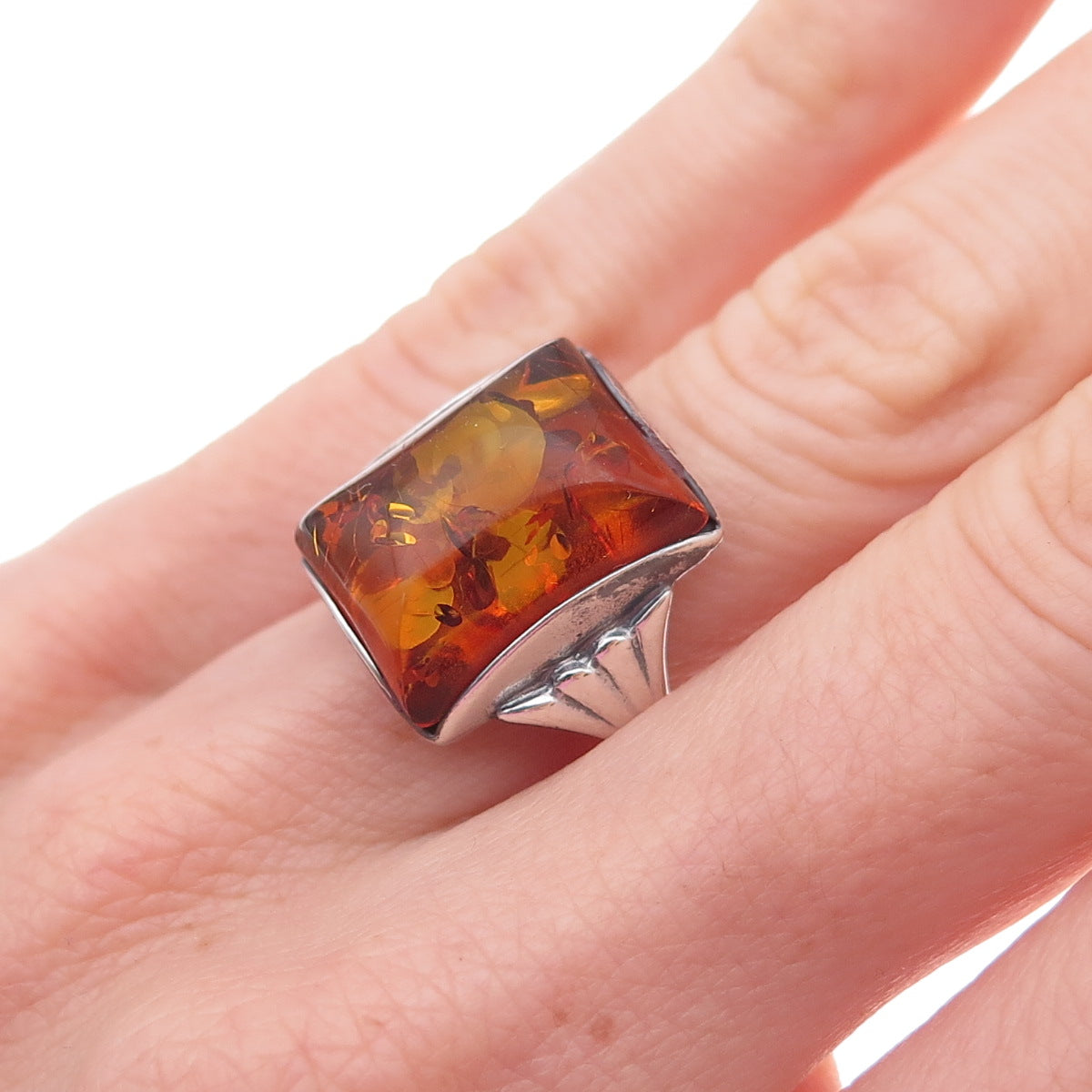 925 Sterling Silver Vintage Real Amber Modernist Oxidized Ring Size 6