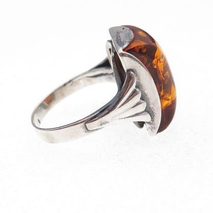 925 Sterling Silver Vintage Real Amber Modernist Oxidized Ring Size 6
