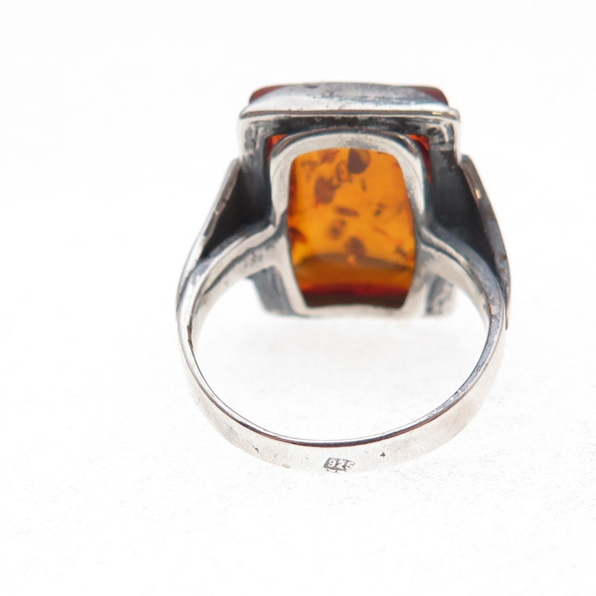 925 Sterling Silver Vintage Real Amber Modernist Oxidized Ring Size 6
