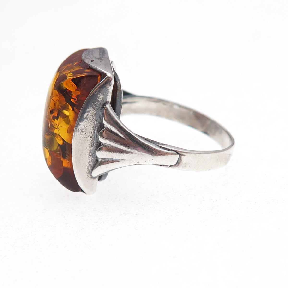 925 Sterling Silver Vintage Real Amber Modernist Oxidized Ring Size 6