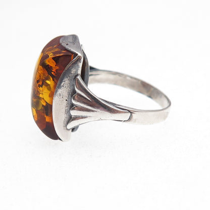 925 Sterling Silver Vintage Real Amber Modernist Oxidized Ring Size 6