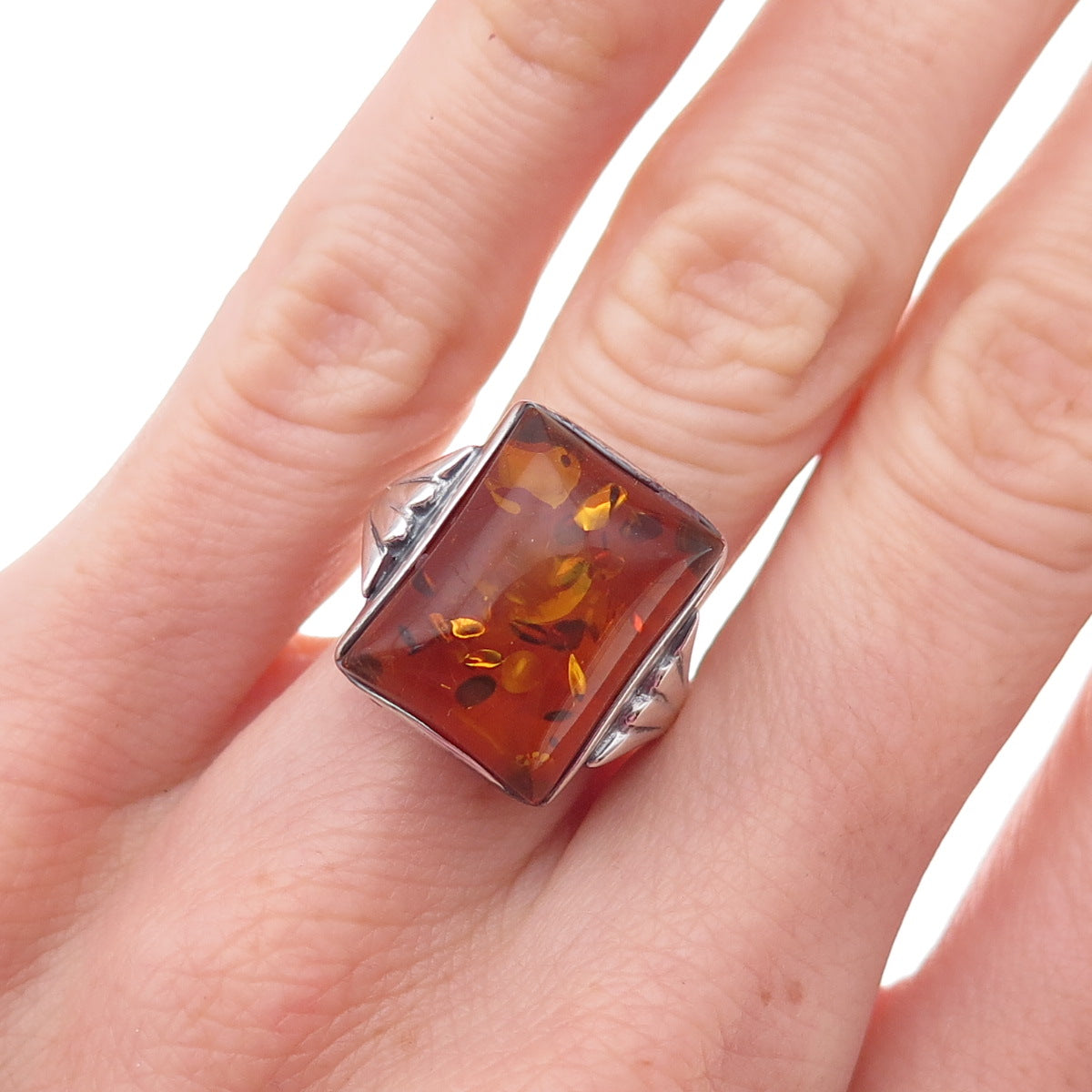 925 Sterling Silver Vintage Real Amber Modernist Oxidized Ring Size 6