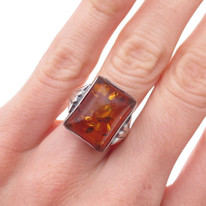 925 Sterling Silver Vintage Real Amber Modernist Oxidized Ring Size 6