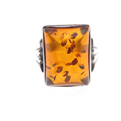 925 Sterling Silver Vintage Real Amber Modernist Oxidized Ring Size 6