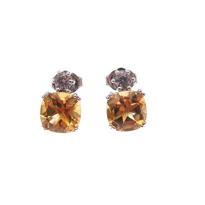 925 Sterling Silver Real Citrine & White Topaz Stud Earrings