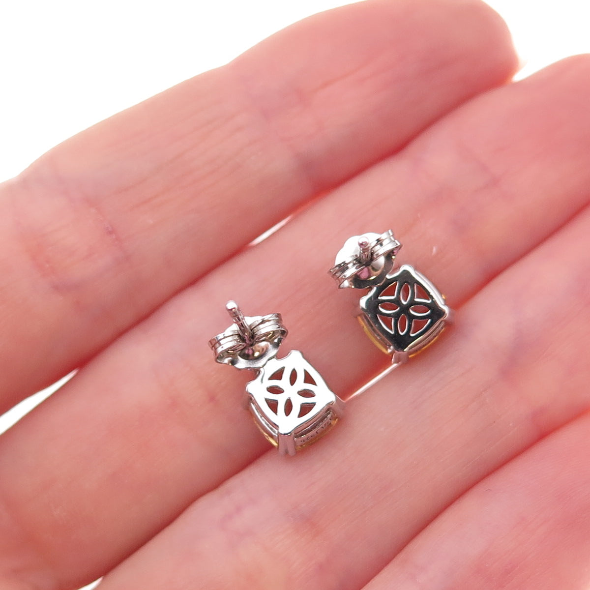 925 Sterling Silver Real Citrine & White Topaz Stud Earrings