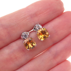 925 Sterling Silver Real Citrine & White Topaz Stud Earrings