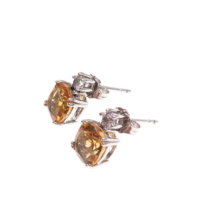 925 Sterling Silver Real Citrine & White Topaz Stud Earrings