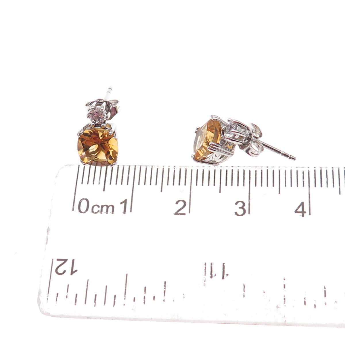 925 Sterling Silver Real Citrine & White Topaz Stud Earrings