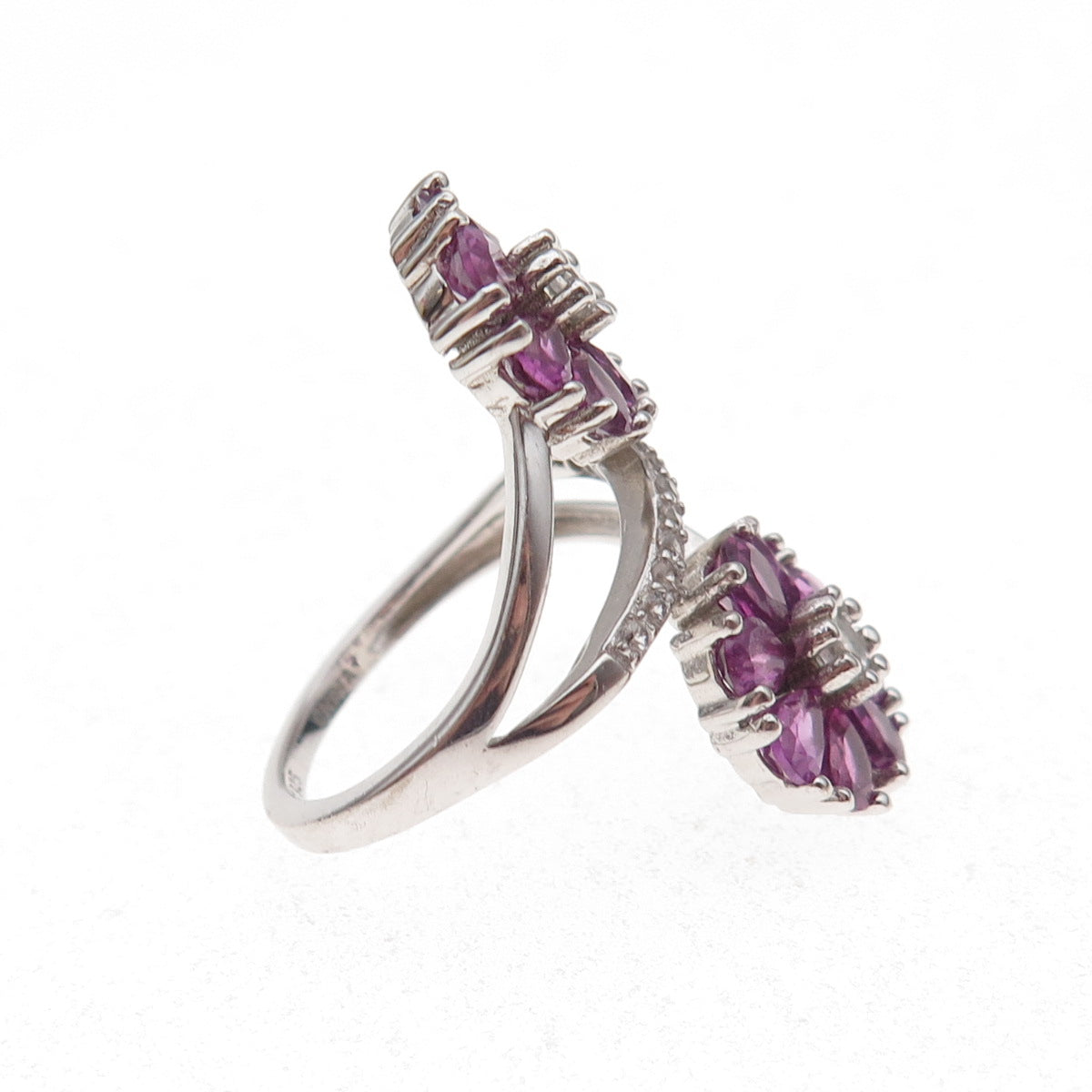 925 Sterling Silver Real Amethyst & White Topaz Floral Bypass Ring Size 6