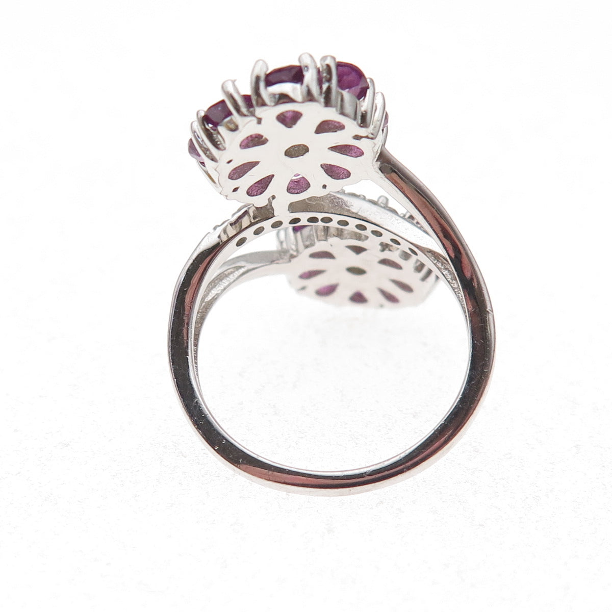 925 Sterling Silver Real Amethyst & White Topaz Floral Bypass Ring Size 6